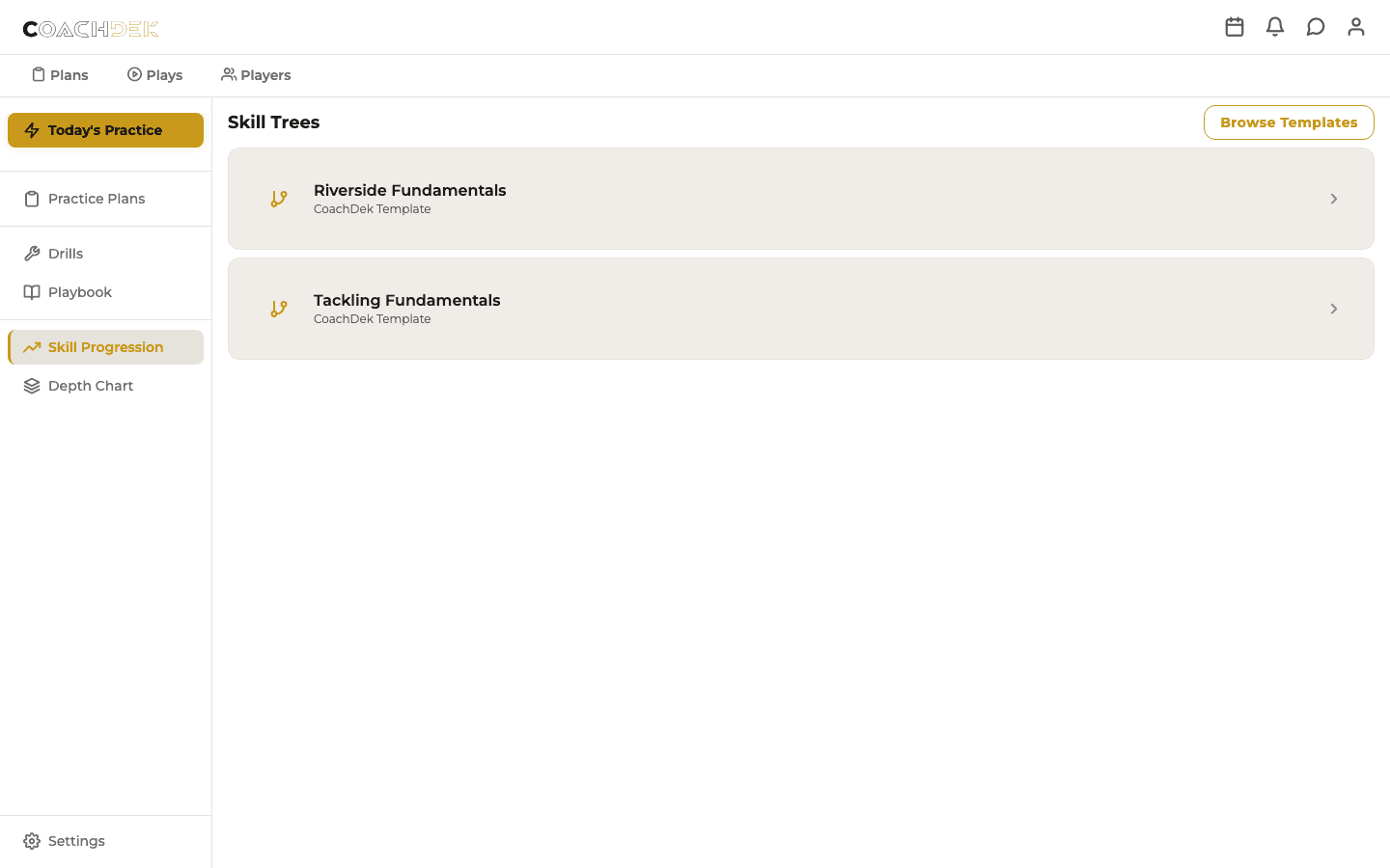 CoachDek skill tree showing position-specific skill nodes with player ratings and gap alerts